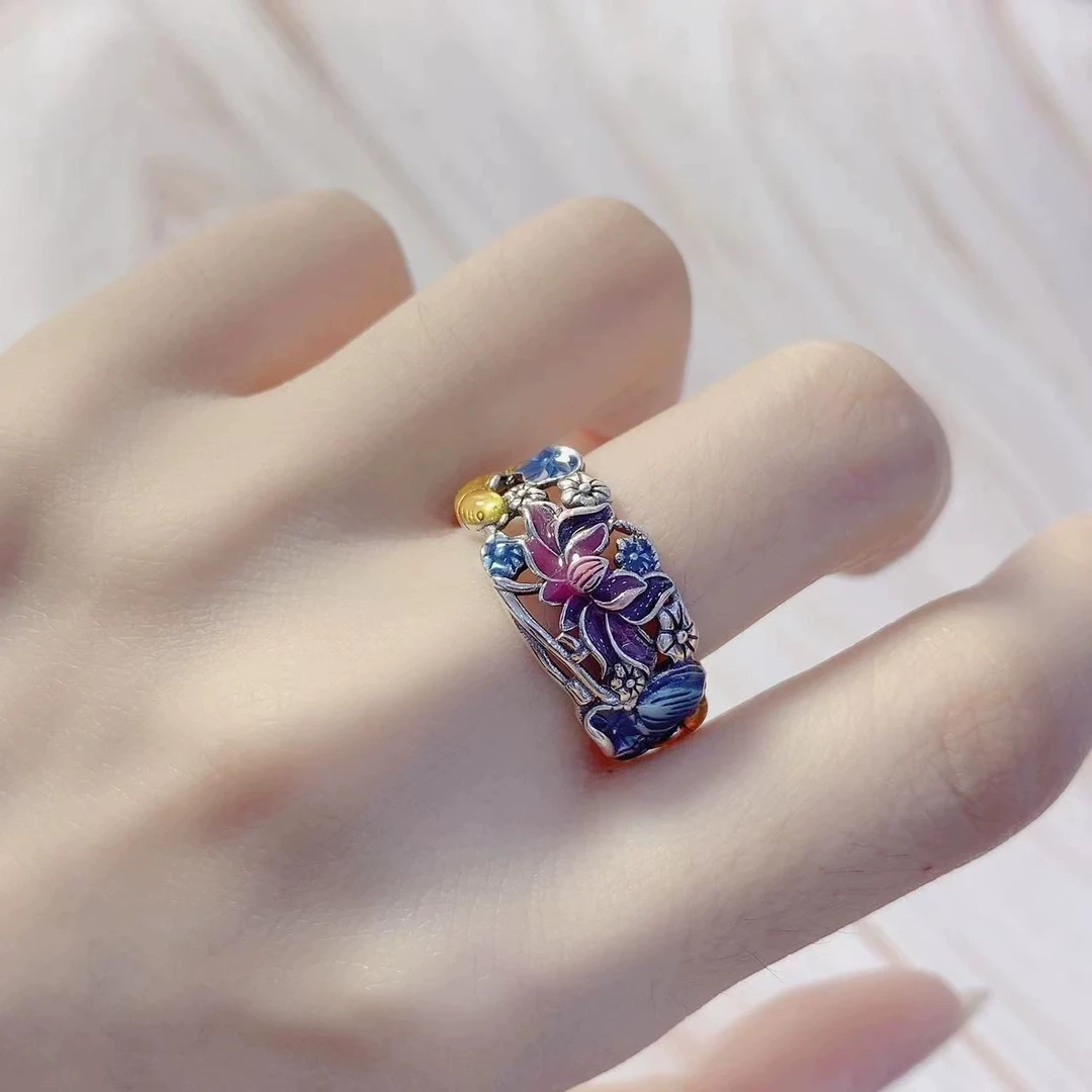 925银戒指 纯银烧蓝珐琅招财转运锦鲤莲花复古风国潮彩色民族风女