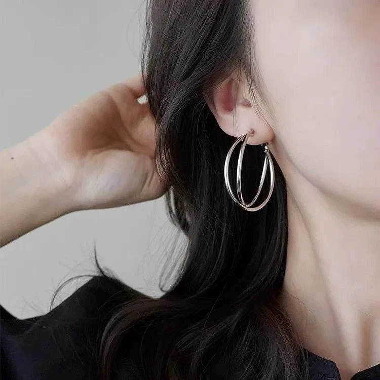 925银耳饰 银针交叉大耳圈耳环双层简约冷淡风百搭欧美气质小众女