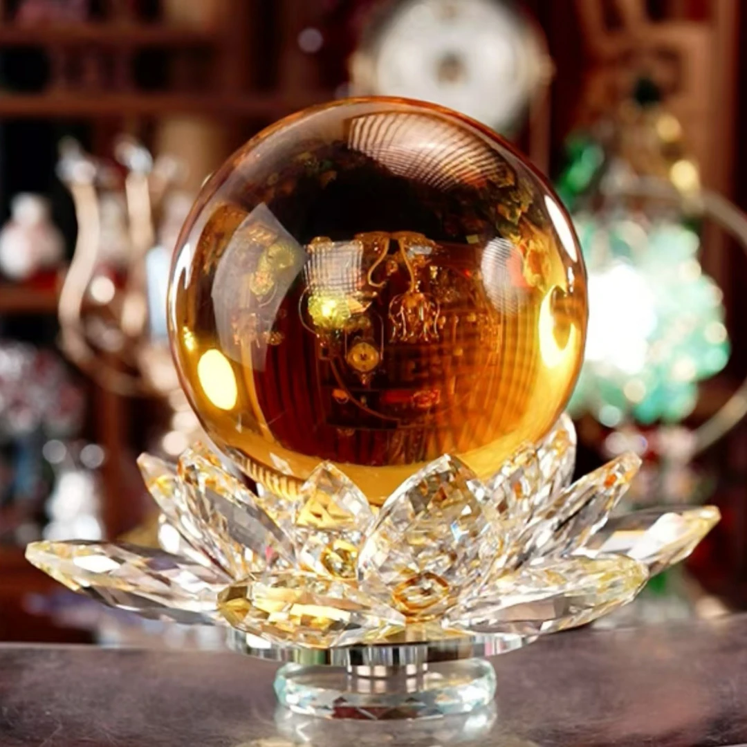 大号黄色创意情侣珐琅彩莲花水晶球摆件