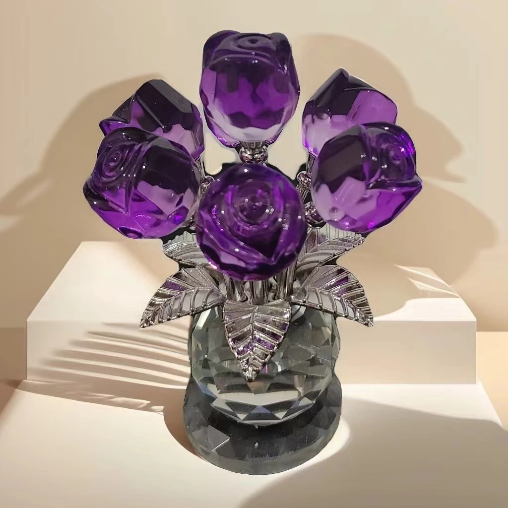 Zz七朵紫色水晶玫瑰花小摆件家居装饰品摆件简约现代