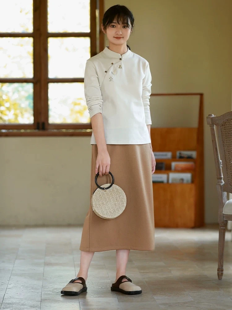 新款刺绣立领文艺复古新中式国风珠扣百搭衬衫上衣女