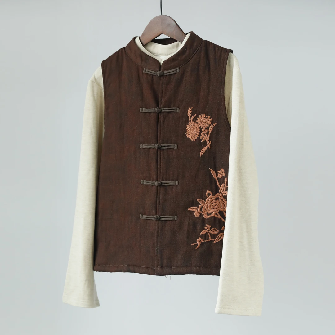 寺文 镇店之宝2024秋冬新款亚麻刺绣复古文艺马甲