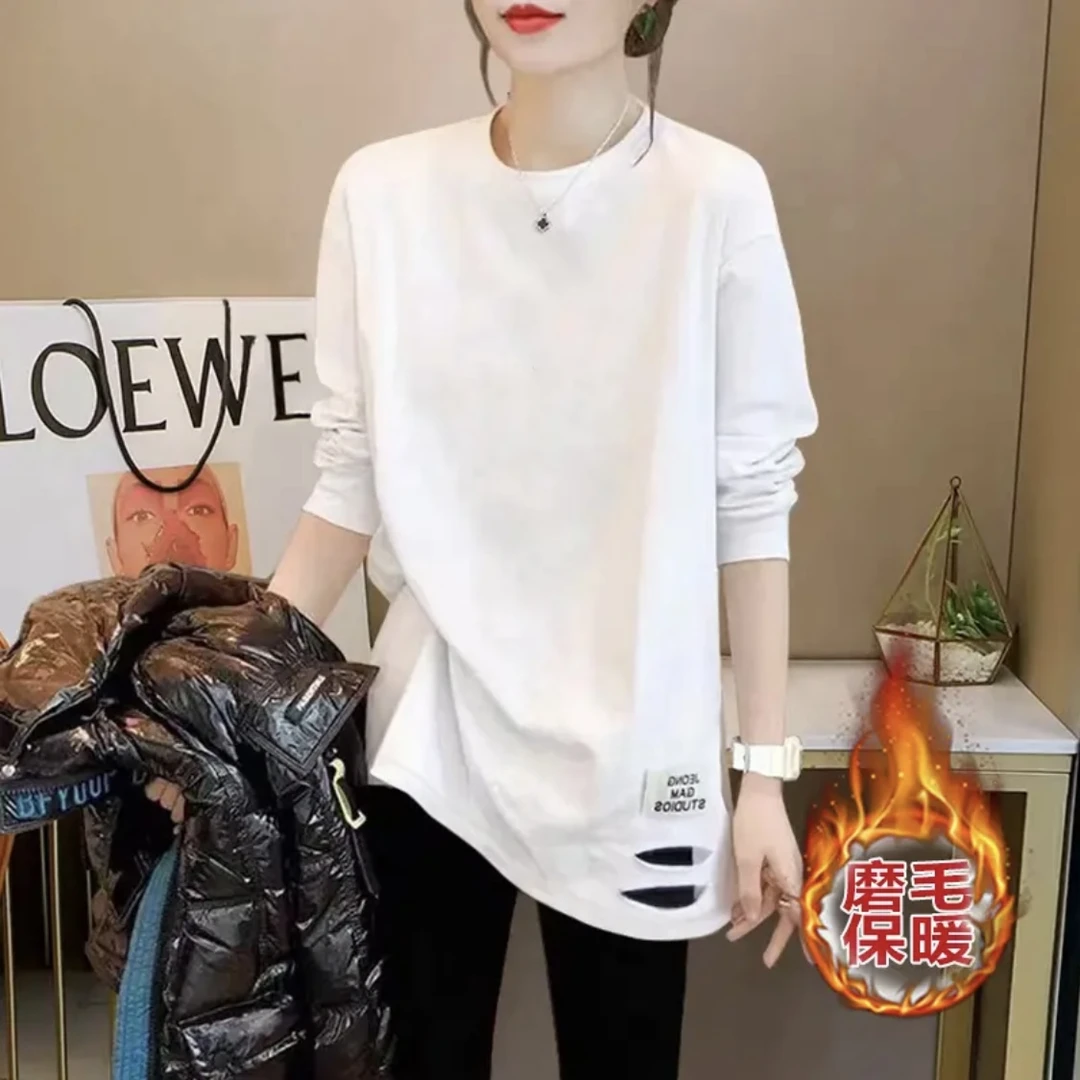 白色纯棉加厚磨毛保暖中长款内搭T恤宽松遮屁股配打底裤长款上衣