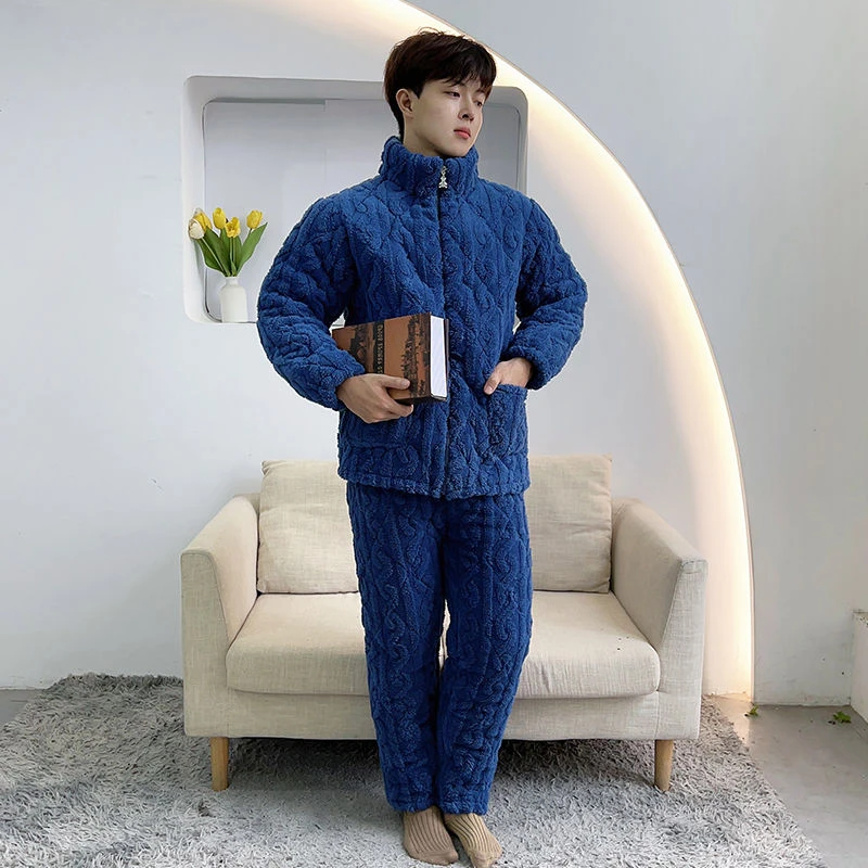 男士睡衣冬季加绒加厚珊瑚绒三层夹棉袄高领拉链法兰绒家居服外穿