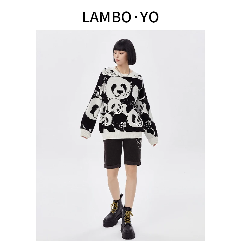 Lamboyo秋季新款撞色百搭熊猫圆领休闲宽松羊毛毛衣女