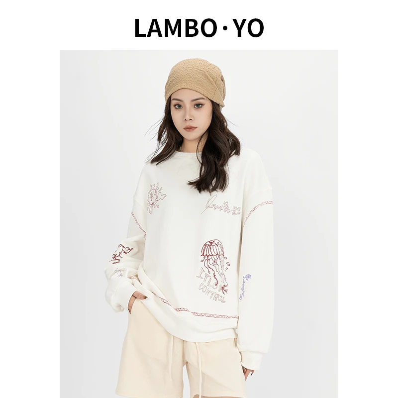 LAMBO·YO圆领卫衣2023年秋季新款落肩刺绣拼接设计潮流气质上衣女