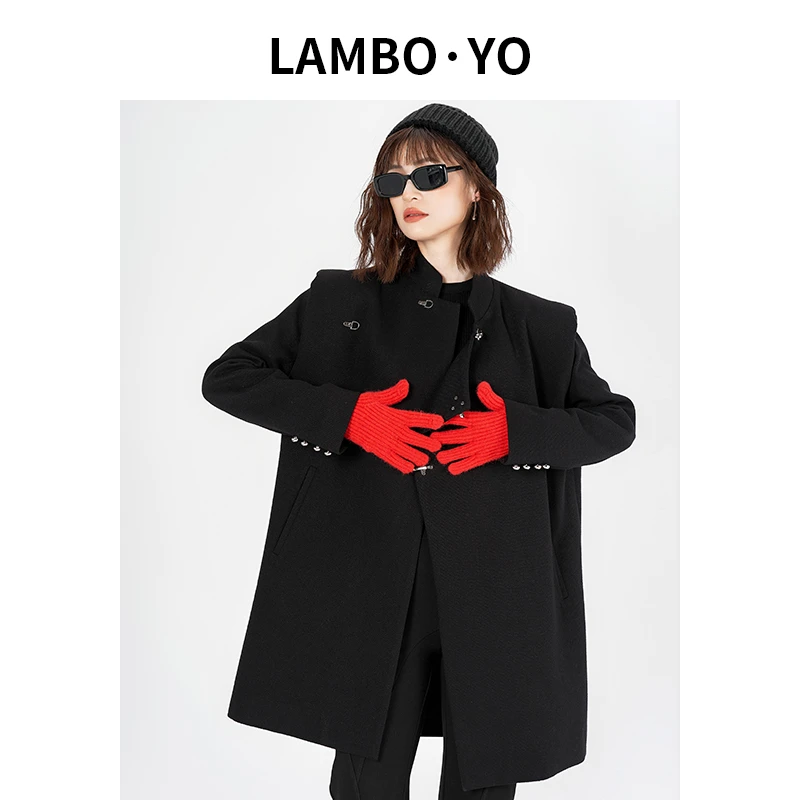 LAMBOYO2024秋季原创设计中式立领潮酷假两件大衣百搭宽松外套女
