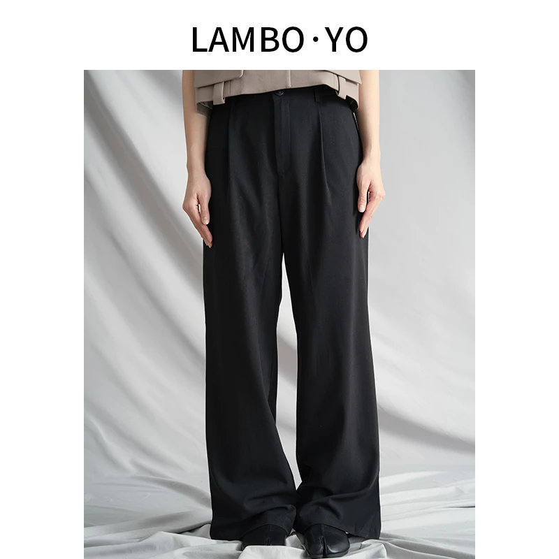 LAMBOYO春季2024新款高腰宽松休闲直筒裤后腰松紧拖地西装裤子