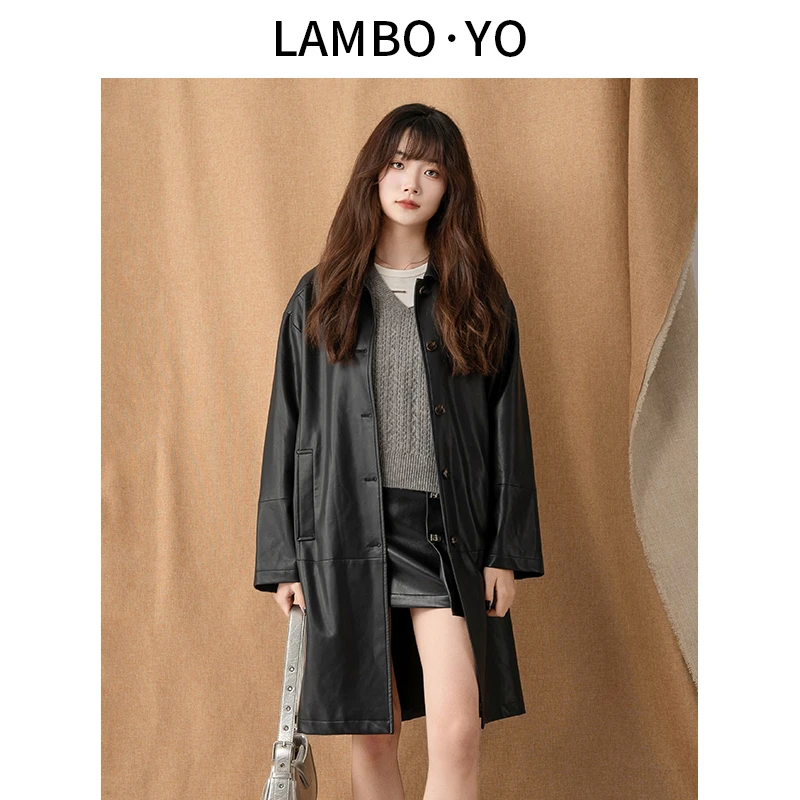 LAMBOYO2024秋季翻领休闲单排扣简约外套时尚中长款pu皮大衣