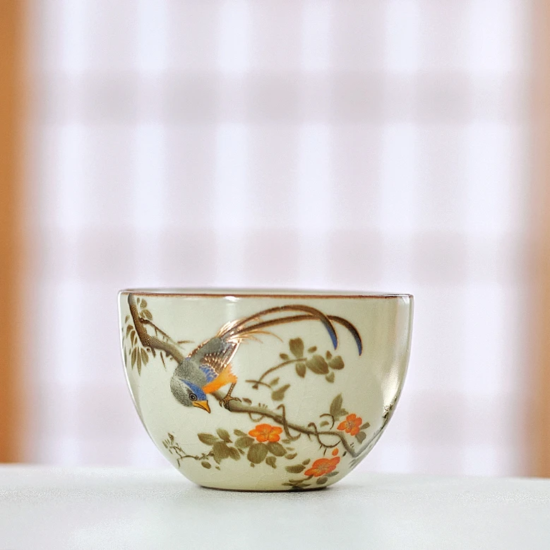 岑汝圆底杯喜上眉梢开片品茗杯40毫升