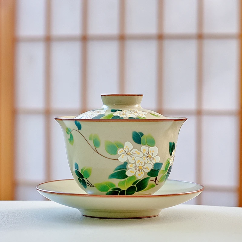 岑汝山茶花三才盖碗110毫升开片可养