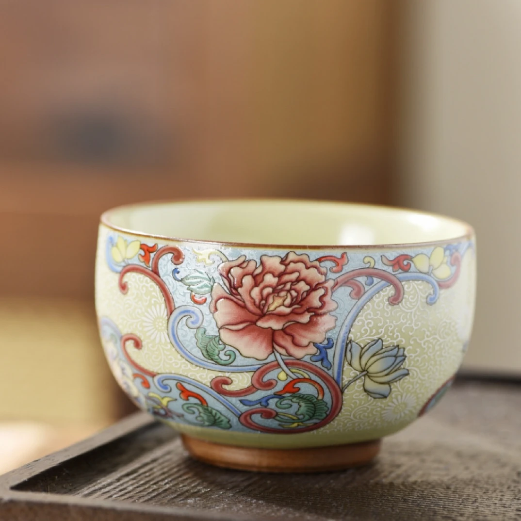 岑汝银丝牡丹禅定杯开片可养主人杯