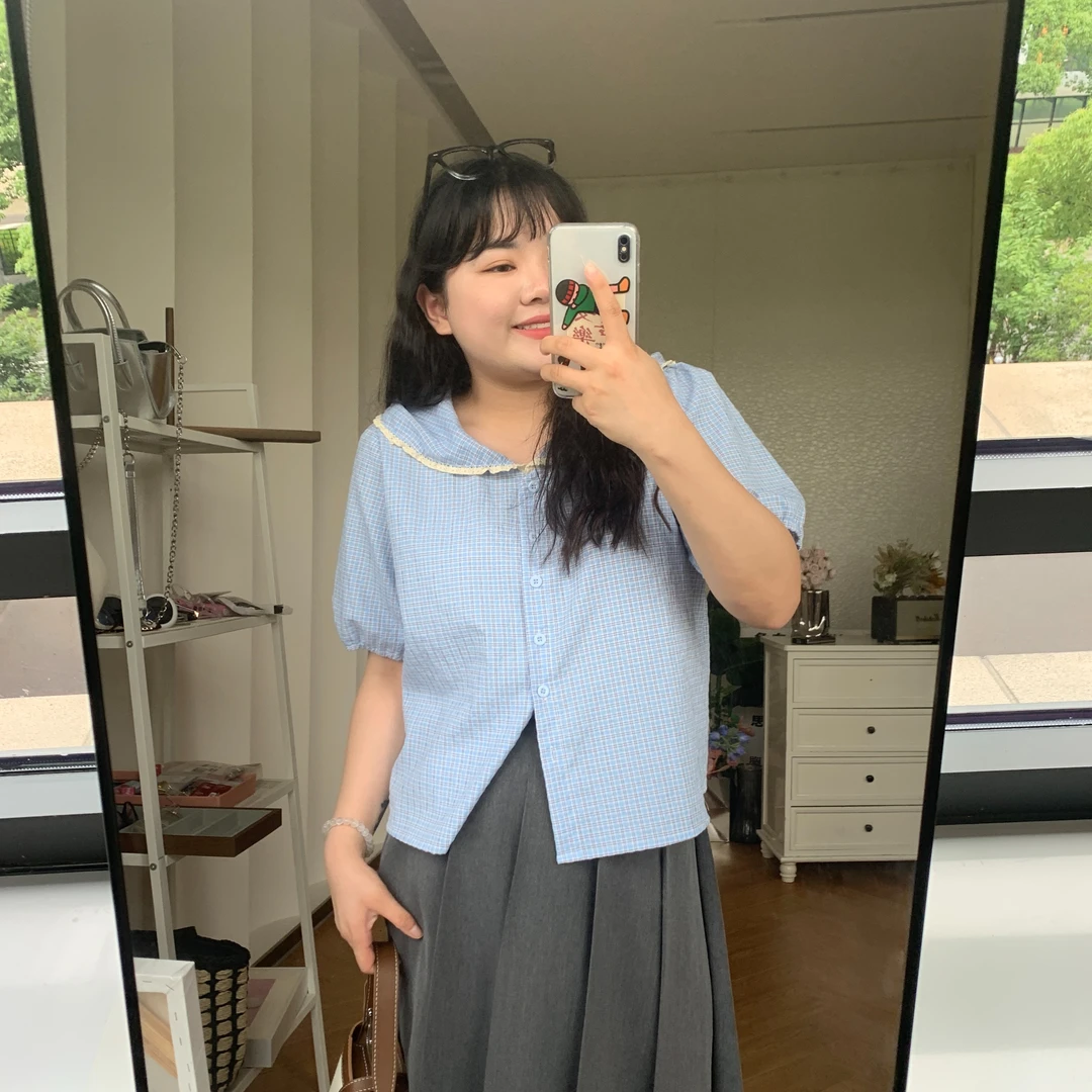 【森系奶乖】大码女装格子小众上衣设计感上衣衬不退不换