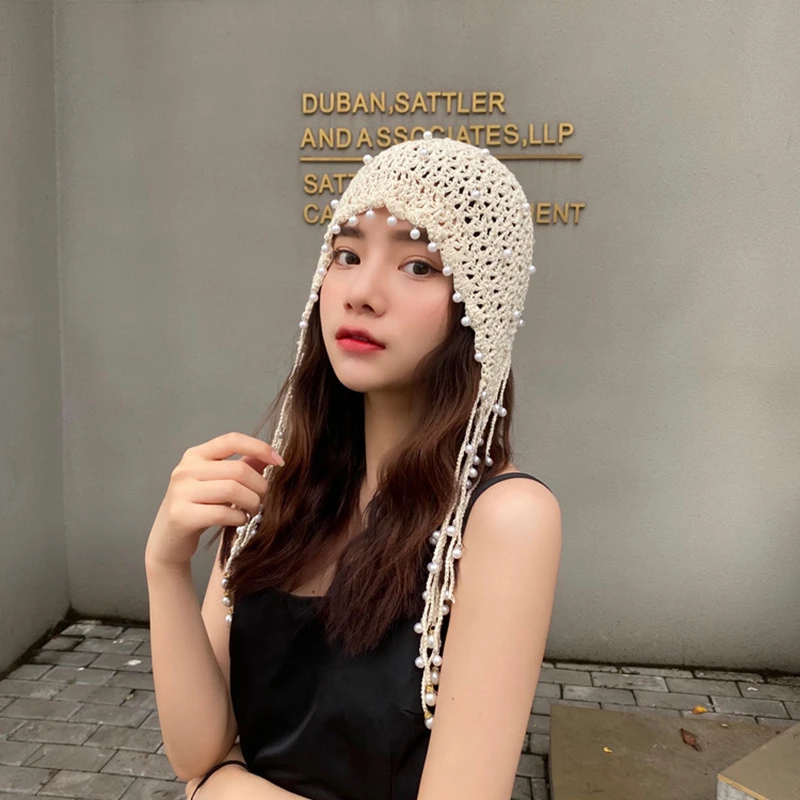 手工流苏时尚珍珠包头帽子女夏季时尚百搭显脸小镂空民族风针织帽