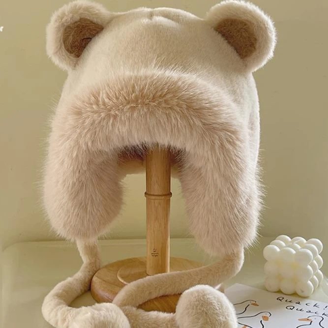 卡通可爱小熊毛绒帽子女秋冬季骑车加绒护耳帽冬天加厚秋冬护耳帽