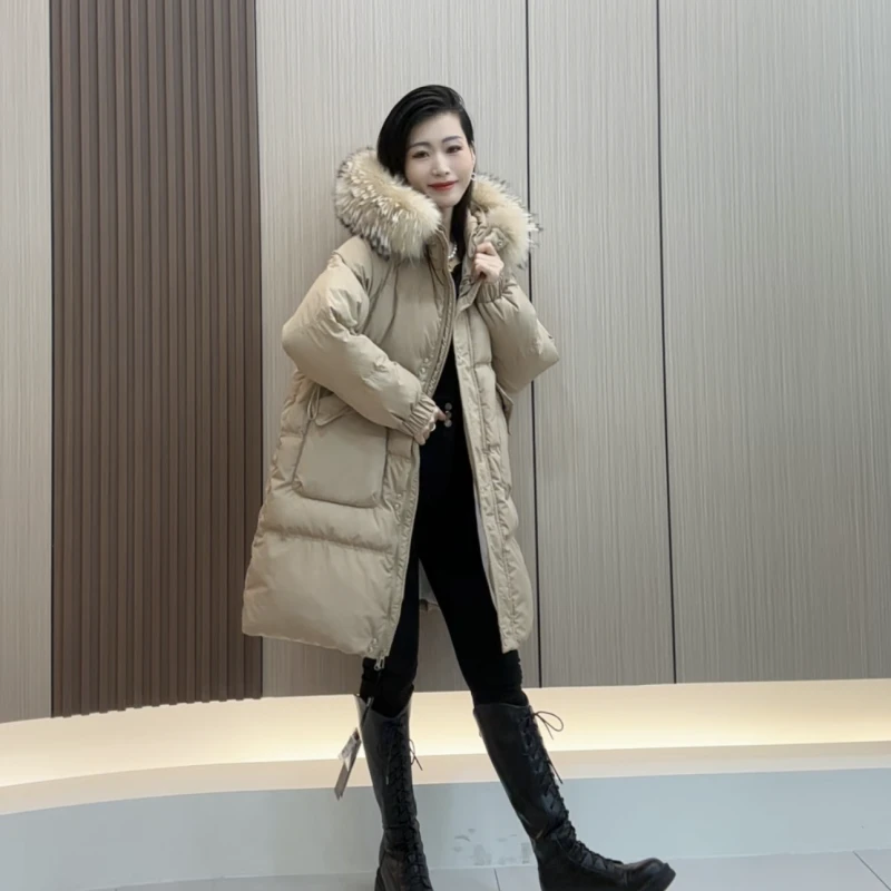 【升级版】中长款大毛领羽绒服女2024秋冬新款韩版宽松保暖连帽外套