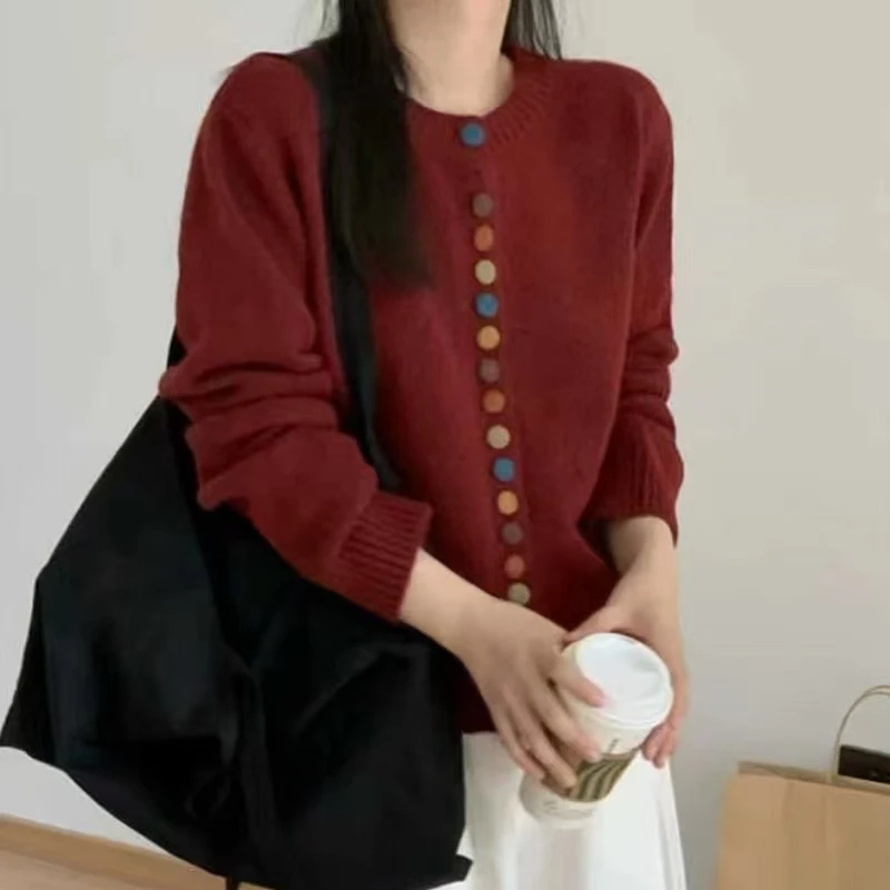 （C8）韩系开衫外套女彩色扣子复古毛衣高级感气质百搭减龄洋气长袖