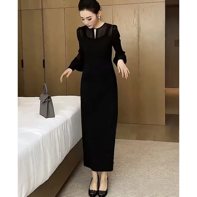 法式气质名媛高级感长袖收腰显瘦黑色裙子高冷御姐风连衣裙女春季