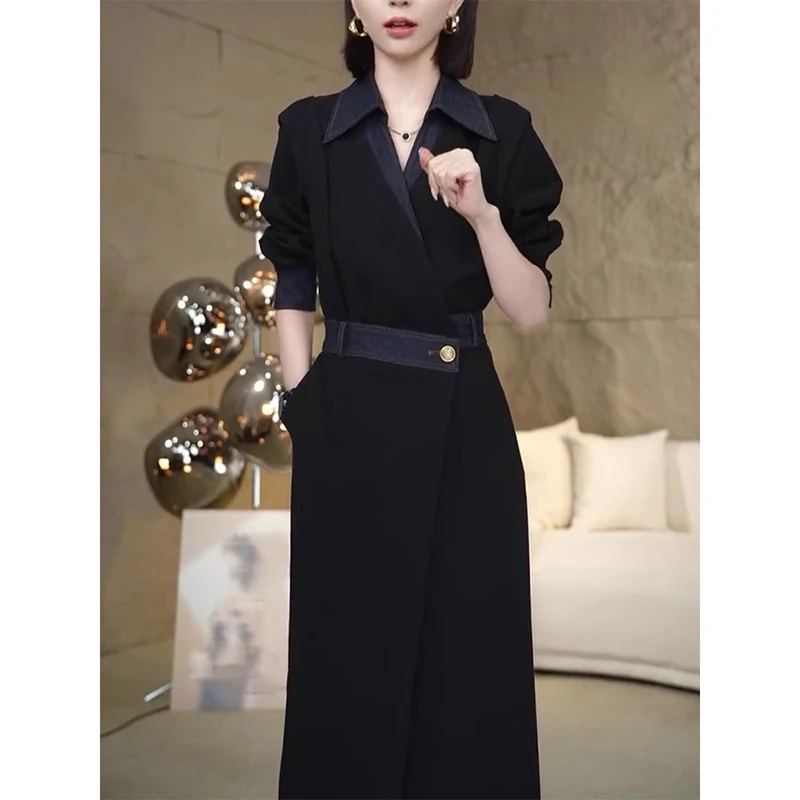 法式复古连衣裙女春秋2025新款高级感牛仔拼接冷淡系独特别致裙子