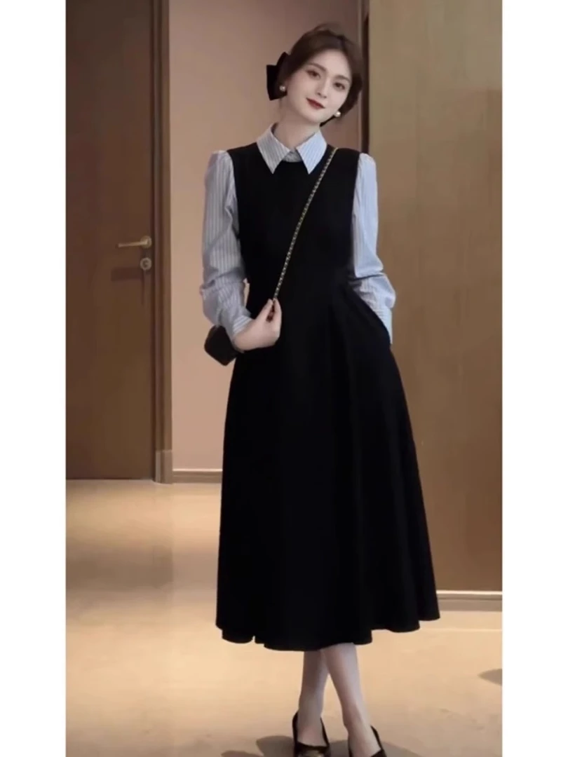 春季穿搭2025新款黑色气质衬衫连衣裙子法式假两件学院风长裙