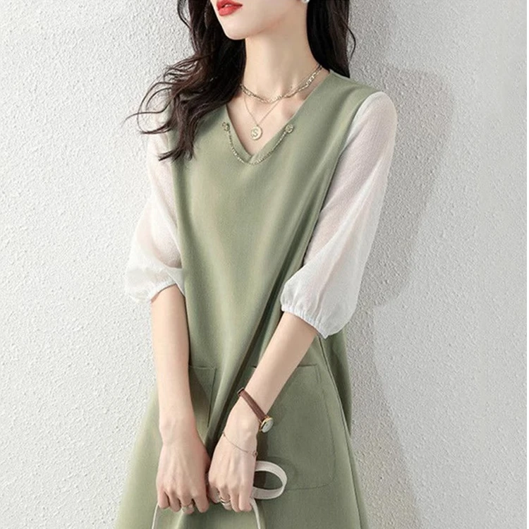 法式小香风连衣裙2025年早春新款复古温柔V领大码设计假两件a字裙