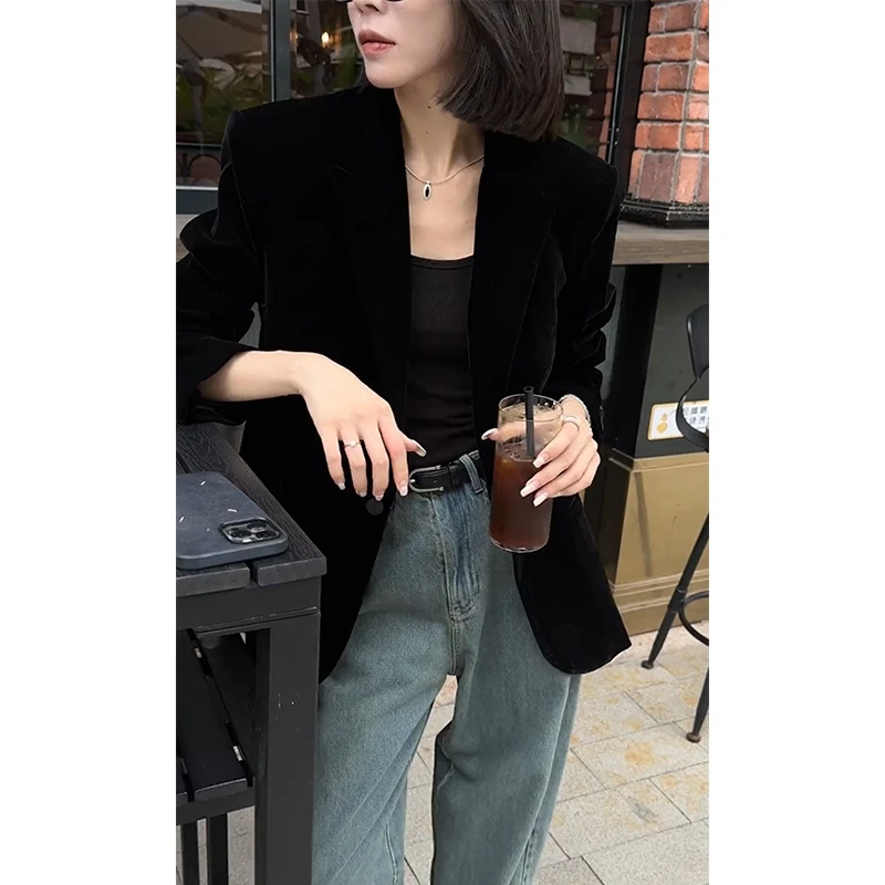高级感炸街黑色丝绒西装外套女春秋小个子显瘦气质女神范西服上衣