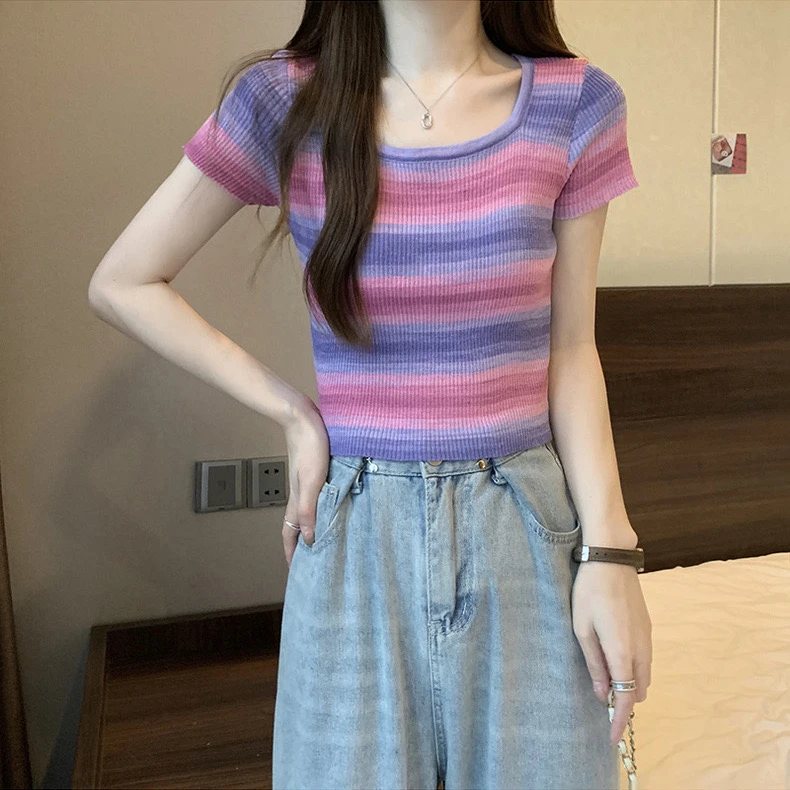 纯欲辣妹性感方领绑带露腰紫色针织短袖T恤短款高级感修身上衣