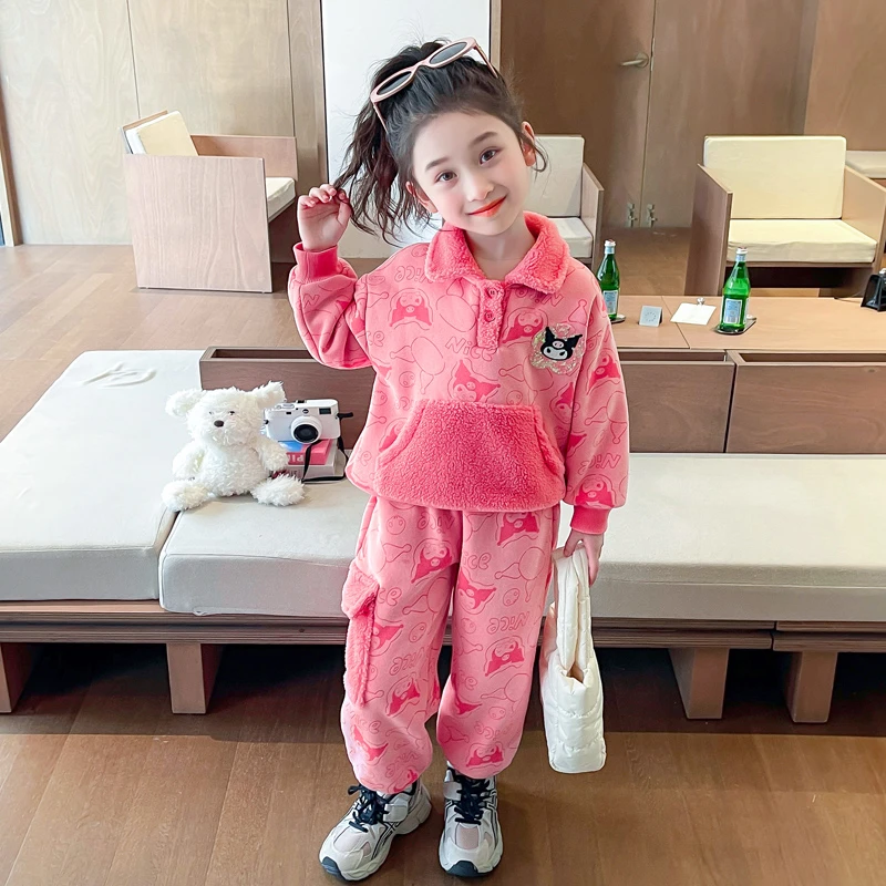 女童加绒套装冬装2024新款洋气儿童卡通时髦套装小女孩休闲两件套