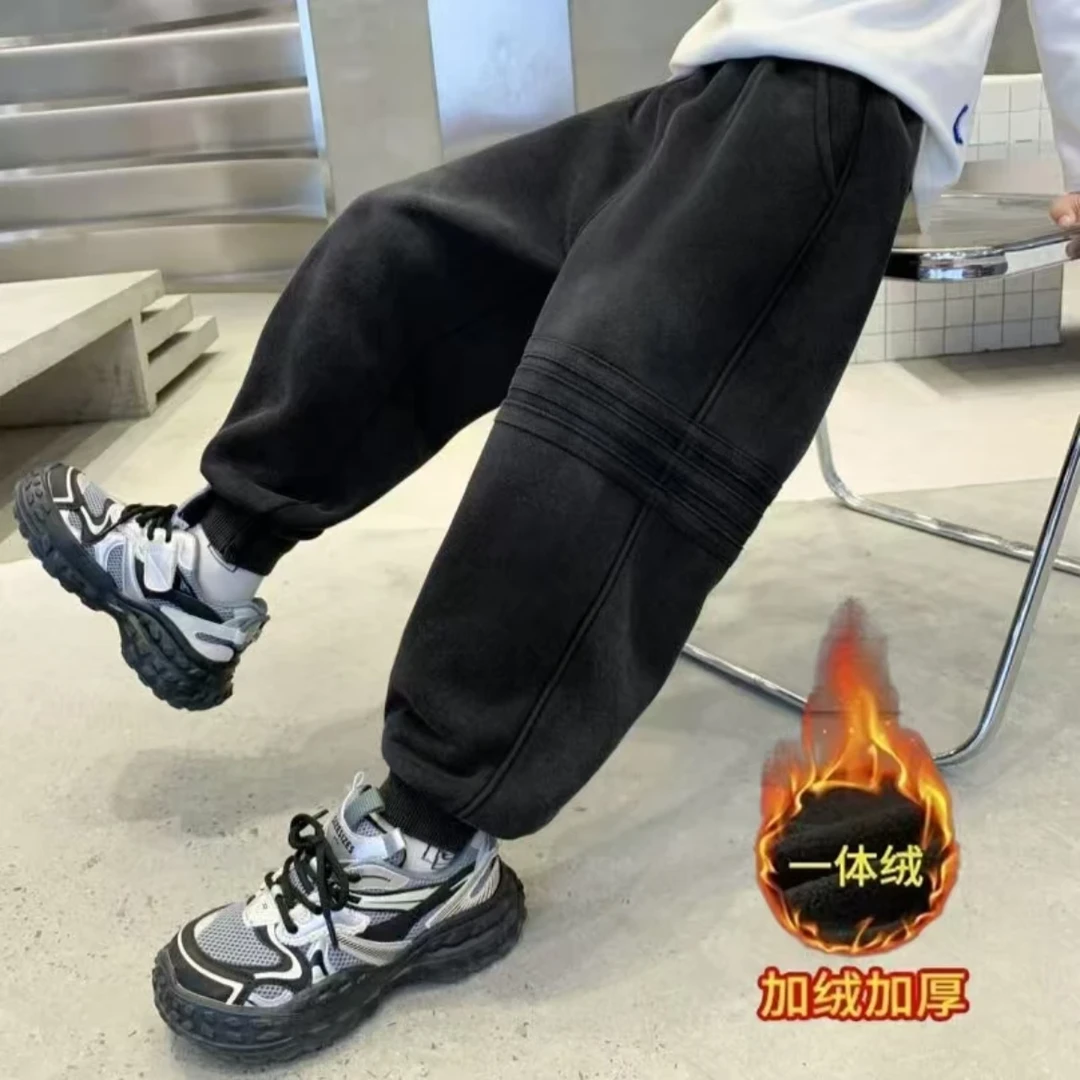 【加绒针织砂洗】24秋冬款中大童休闲宽松运动裤- 盐炒横条