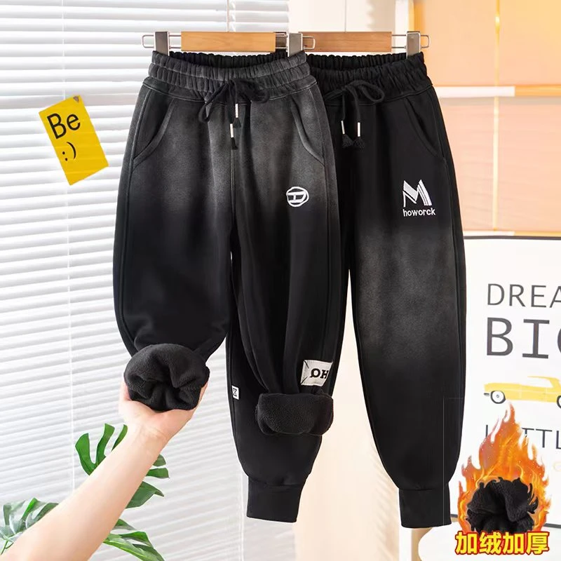 2023秋冬加绒加厚水洗工艺针织运动保暖裤中大童刺绣M