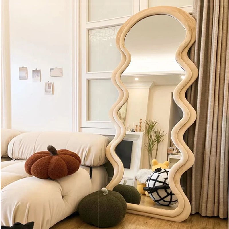 网红波浪镜子卧室穿衣镜立式全身镜靠墙试衣镜网红少女全身落地镜