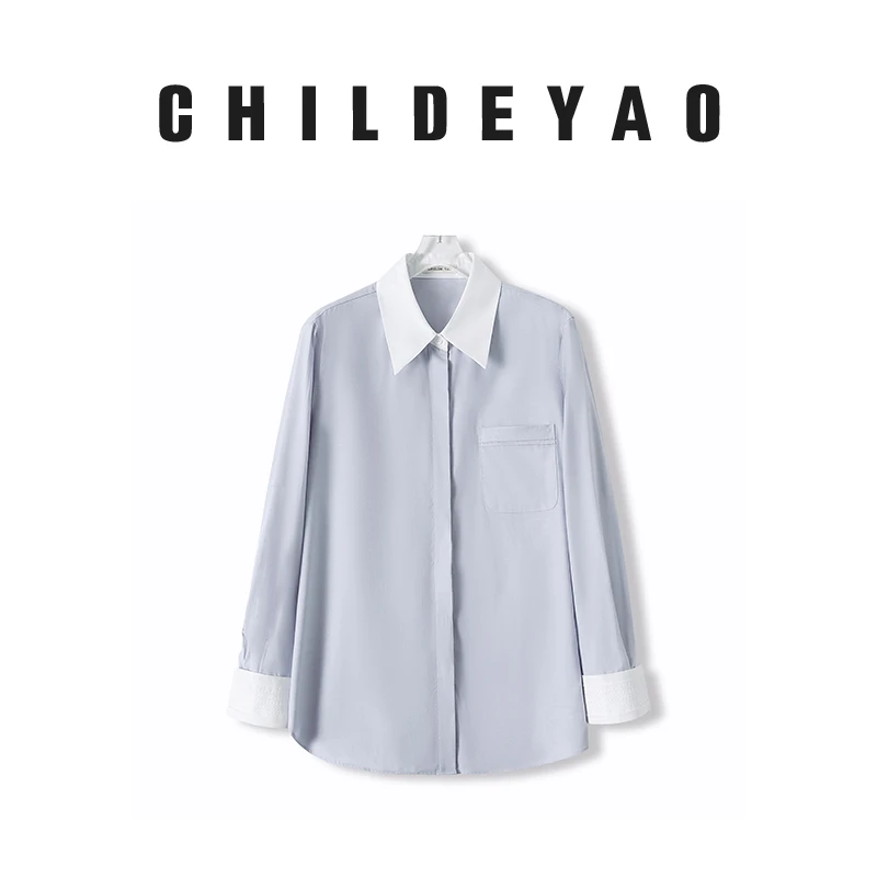 Childe Yao【情怀】女士秋季新款通勤休闲蓝色长袖翻领衬衣CS-096
