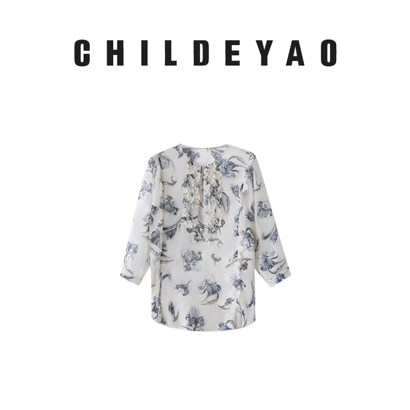 Childe Yao【水墨画】印花衬衫女式上衣夏季七分袖圆薄款衬衫1070