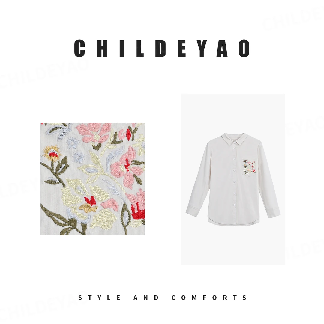 Childe Yao【静待花开】+长绒棉刺绣休闲翻领衬衫 3373