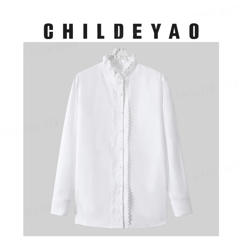 Childe Yao【白铃兰】百分百棉女士立领荷叶领长袖白色衬衫3255