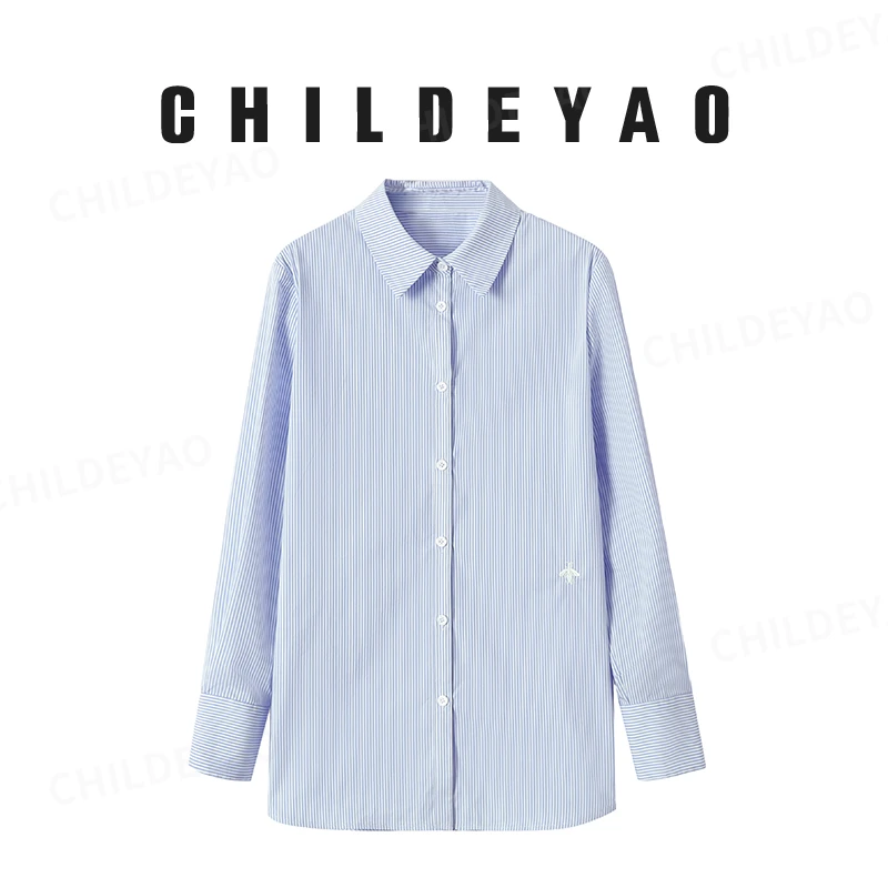 Childe Yao【粉红佳人】千针刺绣小蜜蜂 细条纹通勤长袖衬衫3296