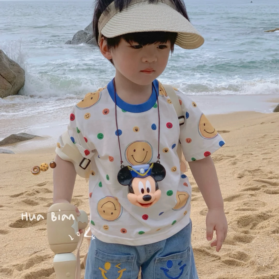 男童宝宝韩版打底衫小童笑脸波点T恤洋气2025夏季纯棉短袖新款