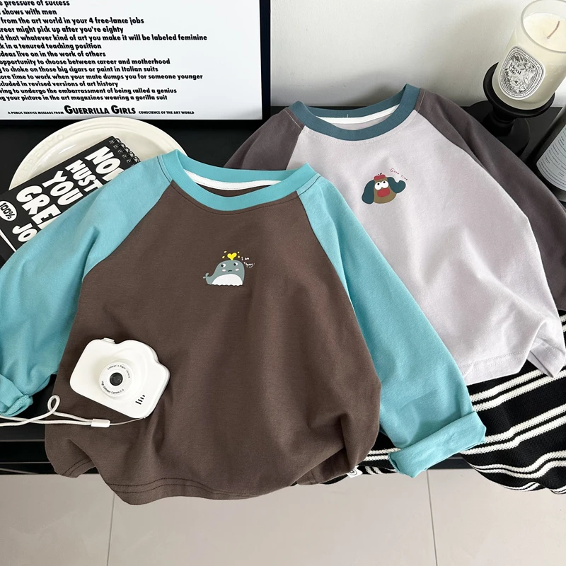 娇娃布迪儿童纯棉T恤春秋男童圆领洋气插肩袖打底衫拼色长袖上衣