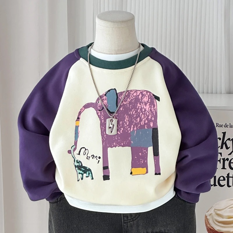 男童加绒卫衣2025秋冬新款儿童时尚撞色套头衫宝宝百搭圆领上衣潮