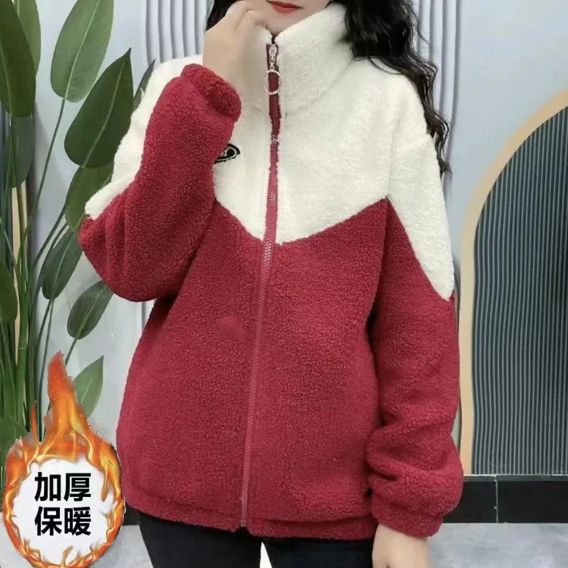 冬季新款洋气拼接颗粒绒外套加绒加厚保暖立领休闲百搭一体绒棉衣