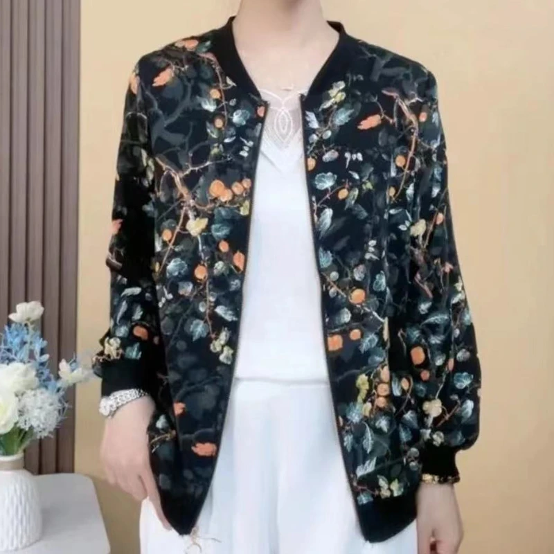 早秋新款中老年女装薄外套妈妈时尚减龄洋气棒球服长袖印花夹克衫