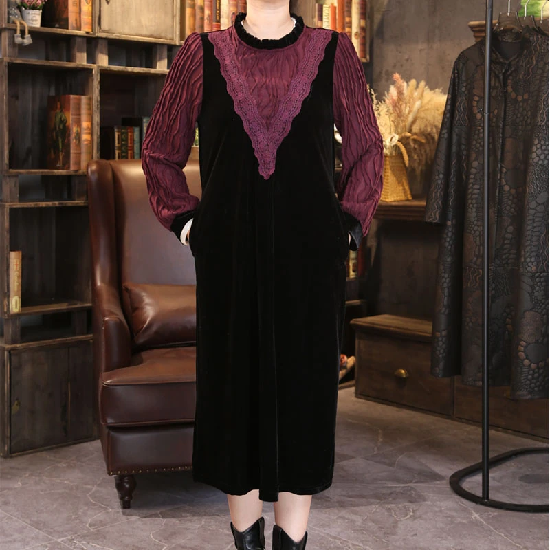 气质减龄秋冬妈妈装丝绒高端定制双织镂花撞色假两件连衣裙