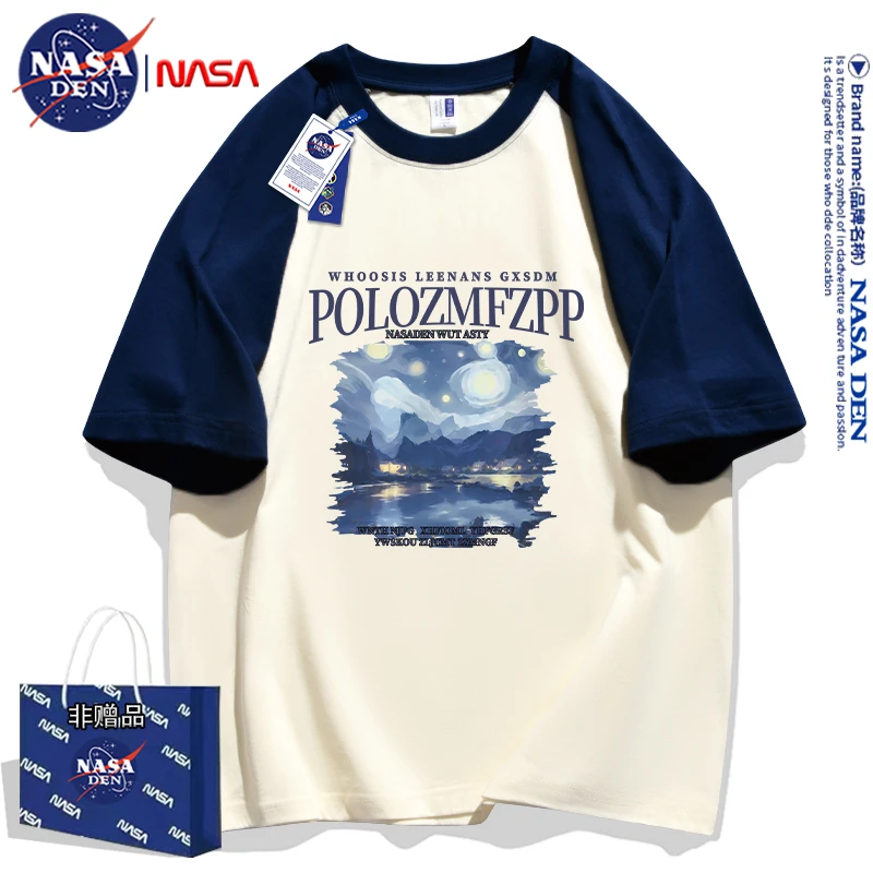 NASA联名美式印花拼接重磅纯棉五分袖oversize宽松插肩袖男女款