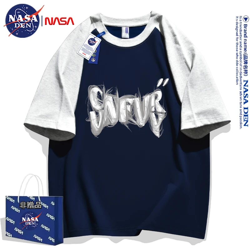 NASA联名美式插肩纯棉短袖T恤男女oversize拼接2024年潮流五分袖