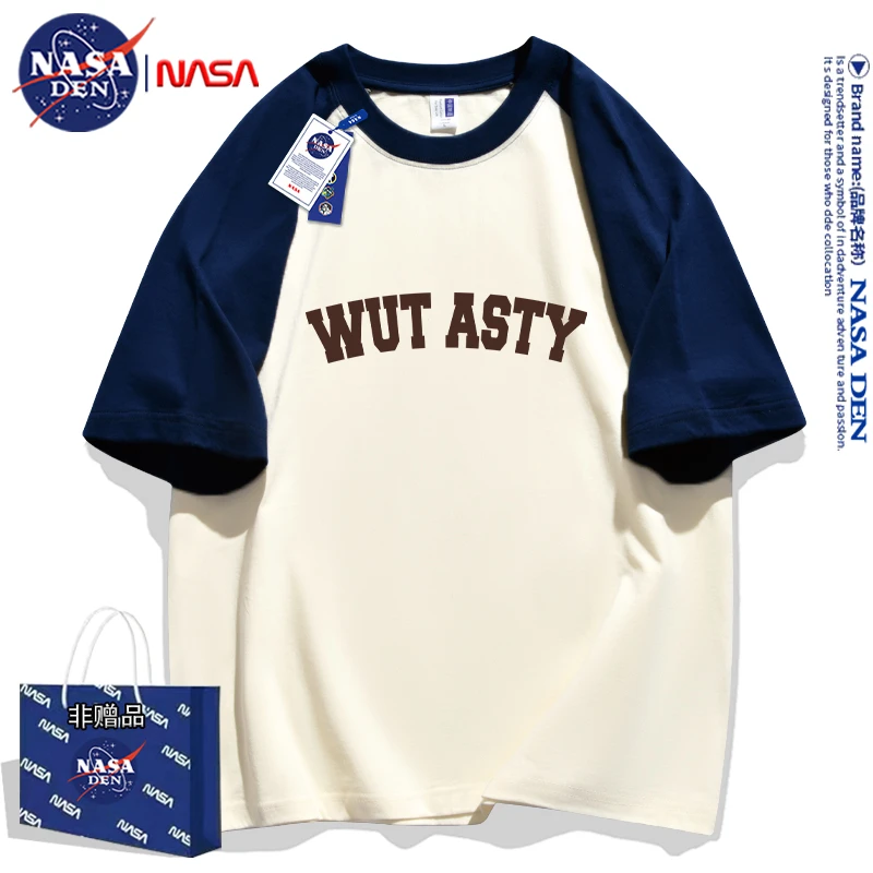 NASA联名潮牌拼接插肩印花重磅纯棉五分袖男女款插肩拼接宽松短袖