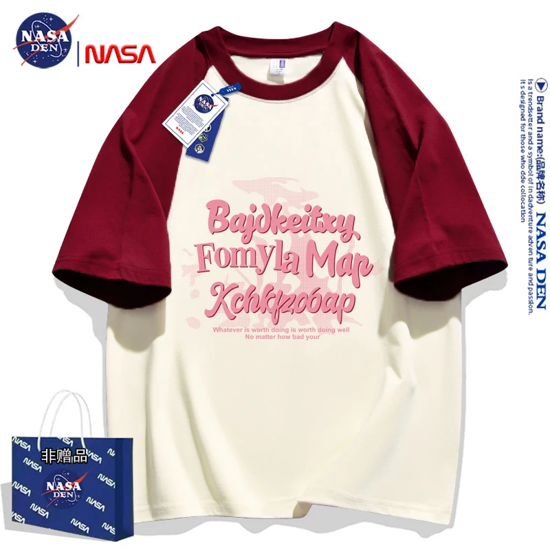 NASA联名潮牌拼接美式印花重磅纯棉T恤男女插肩夏季潮牌宽松短袖