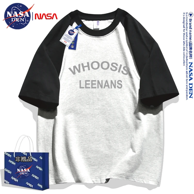 NASA联名男女款学院风印花拼接重磅纯棉T恤五分袖插肩袖拼接短袖
