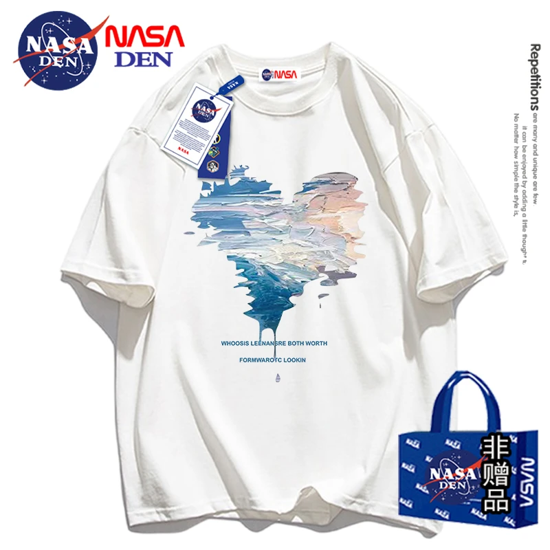 NASA联名夏季新款简约休闲纯棉舒适短袖T恤男宽松百搭情侣五分袖