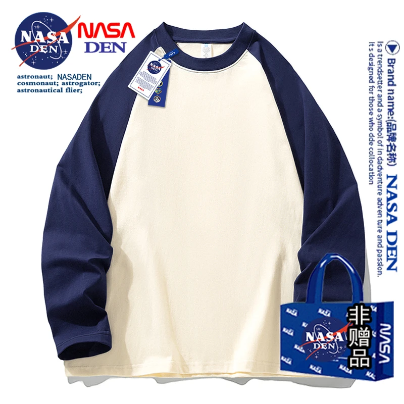 NASA联名纯棉撞色长袖打底百搭男女款美式日系插肩拼接T恤纯色衫