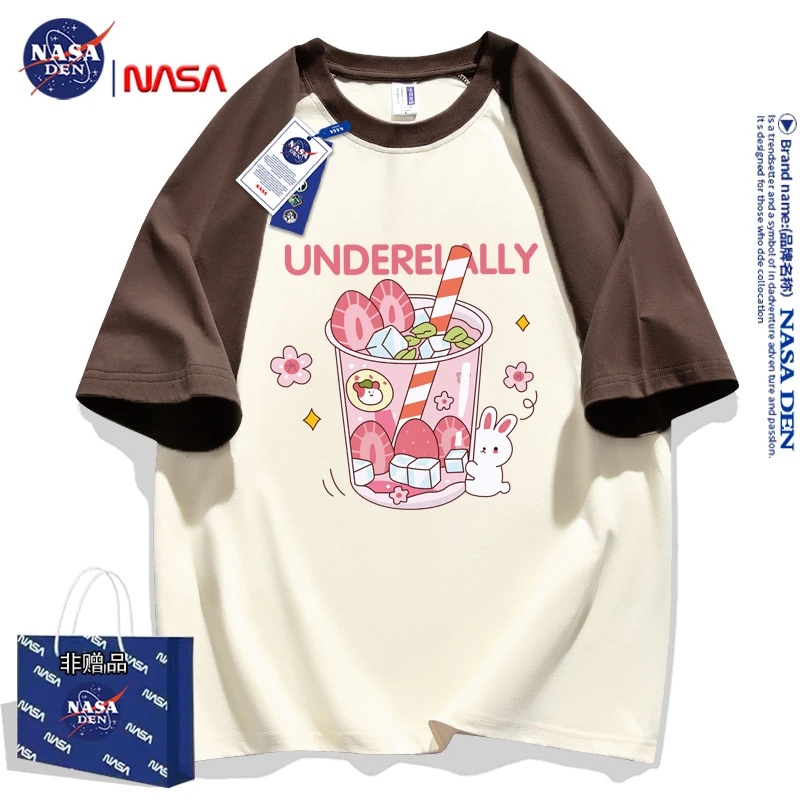 NASA联名插肩重磅纯棉短袖T恤男女款夏季时尚印花宽松拼接五分袖